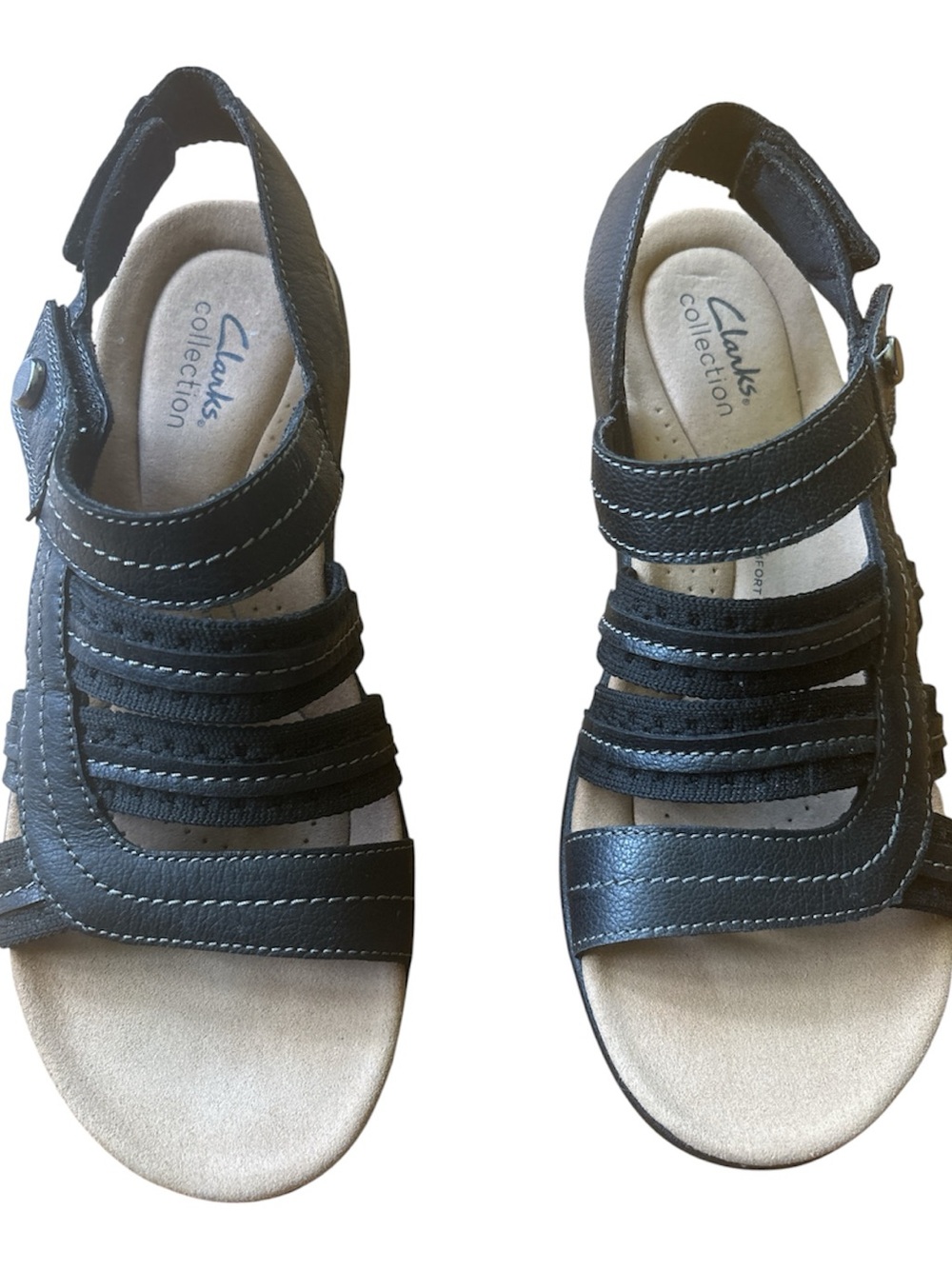 NWOT Clarks Womens Black Strappy Velcro Leather Sandals Size 7M.